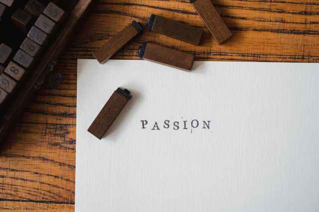 retro stamps and word passion on paper