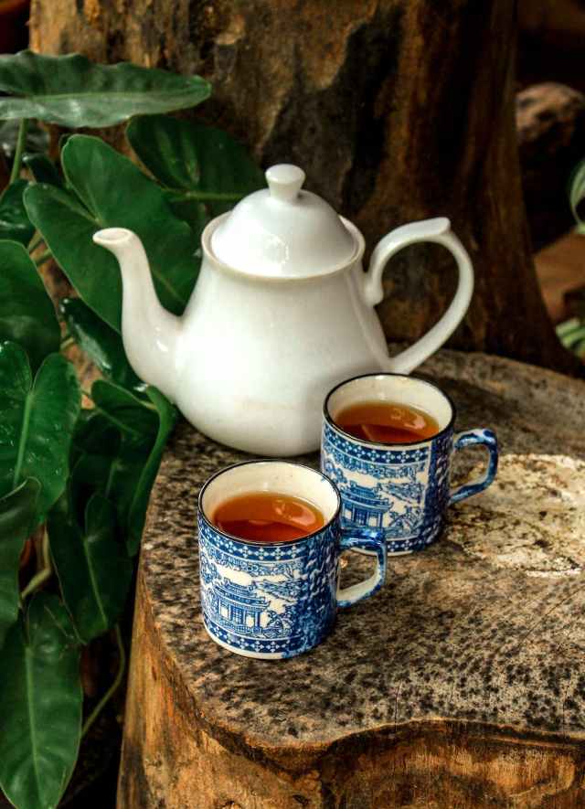 oriental mugs with tea and teapot on a tree stump